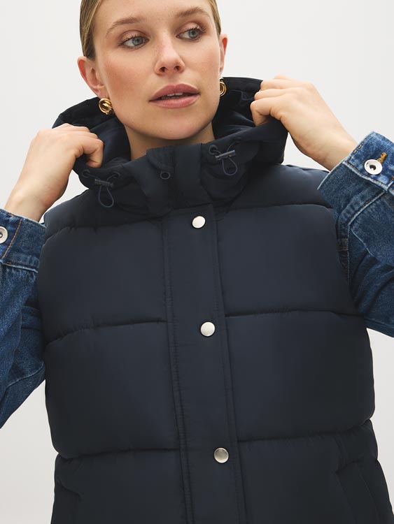 Navy Quilted Puffer Vest with Hood - Close-up Hood Detail - Suzy Shier