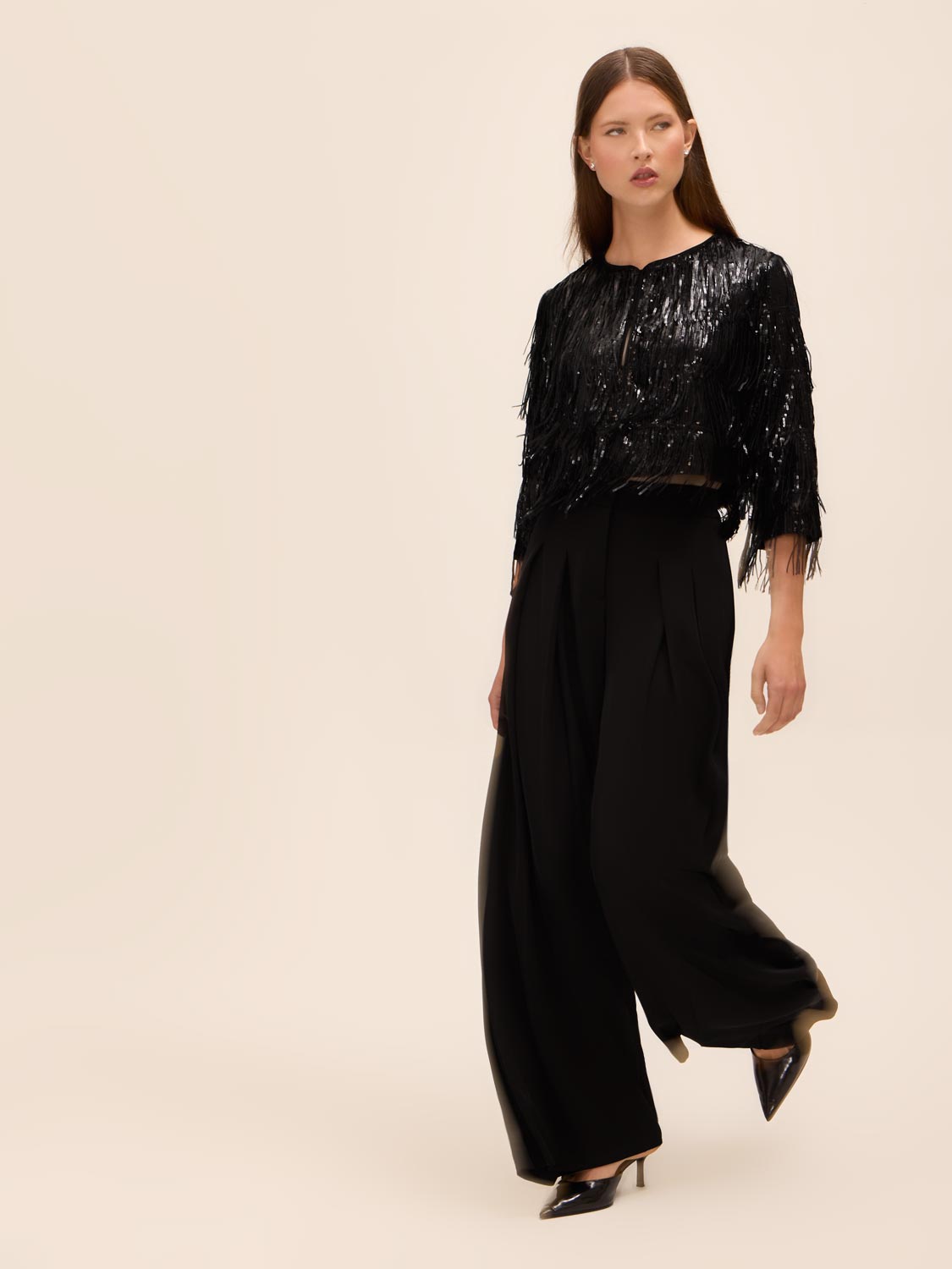 Black Sequin Fringe Bolero Cover Up - Side Profile View - Le Chateau