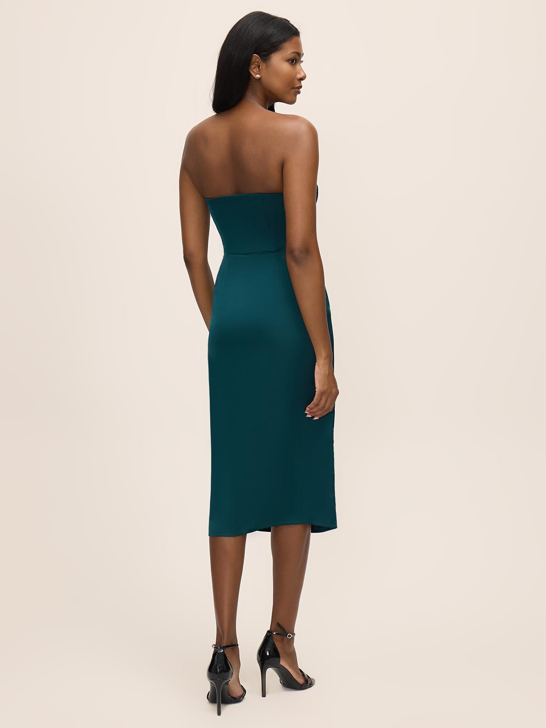 Teal Satin Bustier Midi Dress with Side Slit - Back View - Le Chateau
