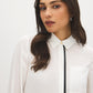 Bright White faux-leather Trim Long Sleeve Blouse - Collar Detail - Suzy Shier