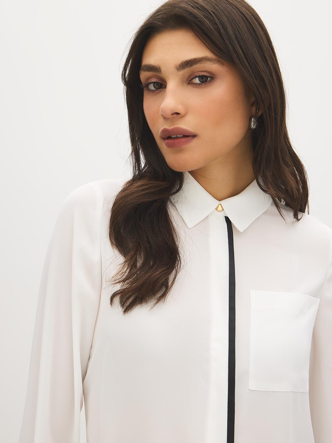 Bright White faux-leather Trim Long Sleeve Blouse - Collar Detail - Suzy Shier