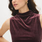 Dark Raisin Velvet Funnel Neck Top with Crochet Hem - Close-up Fabric Detail - Suzy Shier