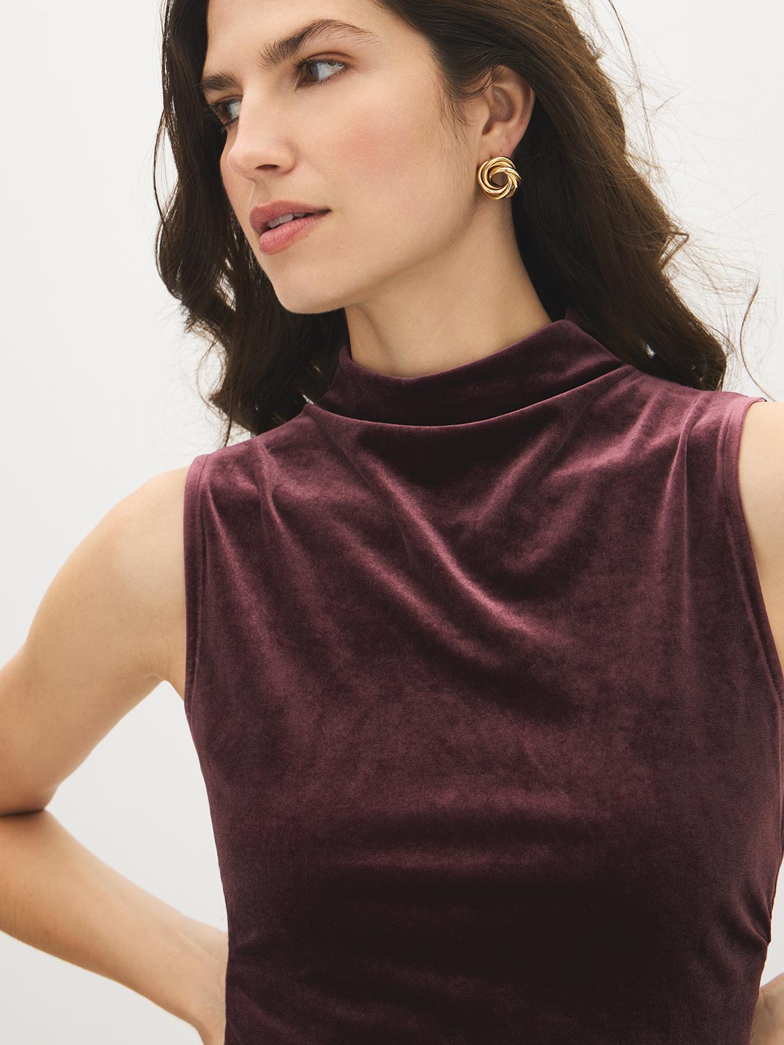 Dark Raisin Velvet Funnel Neck Top with Crochet Hem - Close-up Fabric Detail - Suzy Shier