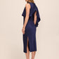 Dark Sapphire Satin Slip Popover Dress with Asymmetric Cape - Back View - Le Chateau