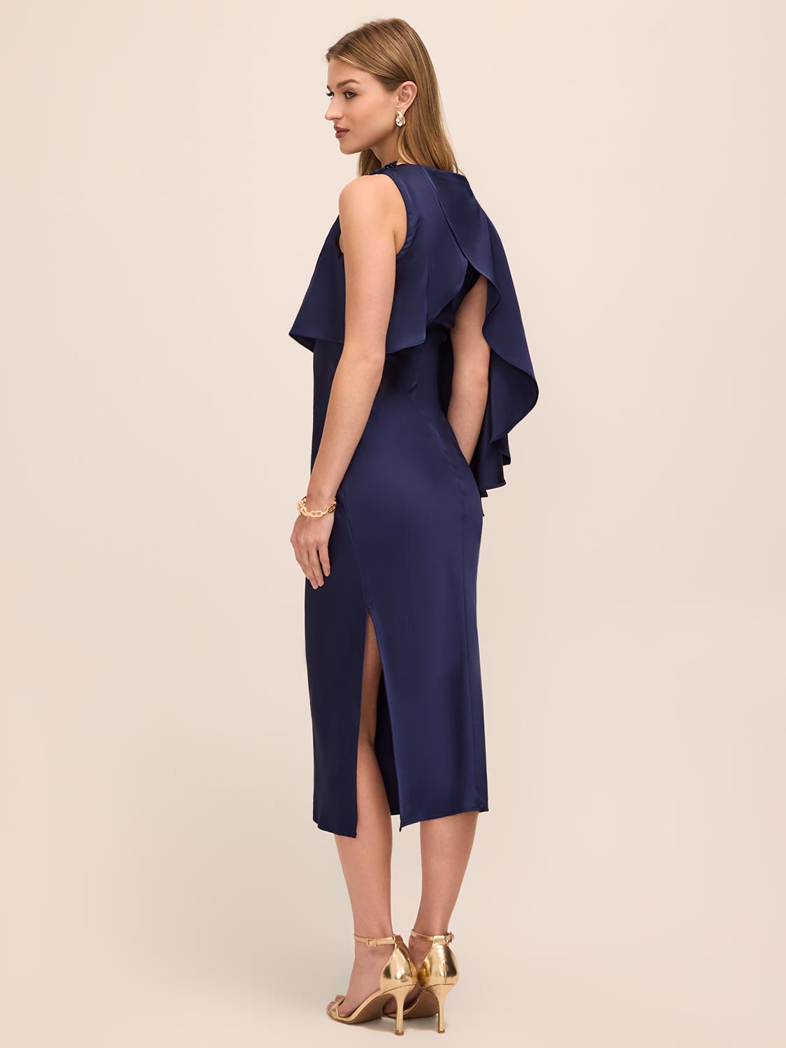 Dark Sapphire Satin Slip Popover Dress with Asymmetric Cape - Back View - Le Chateau