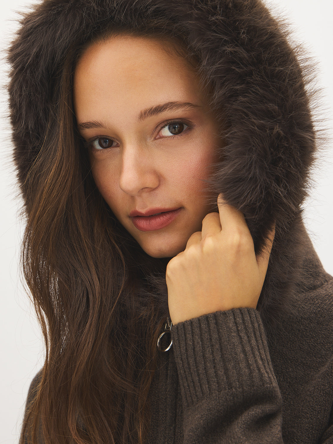 Chocolate Brown Hooded Sweater with Detachable Faux Fur Trim - Hood Detail - Suzy Shier