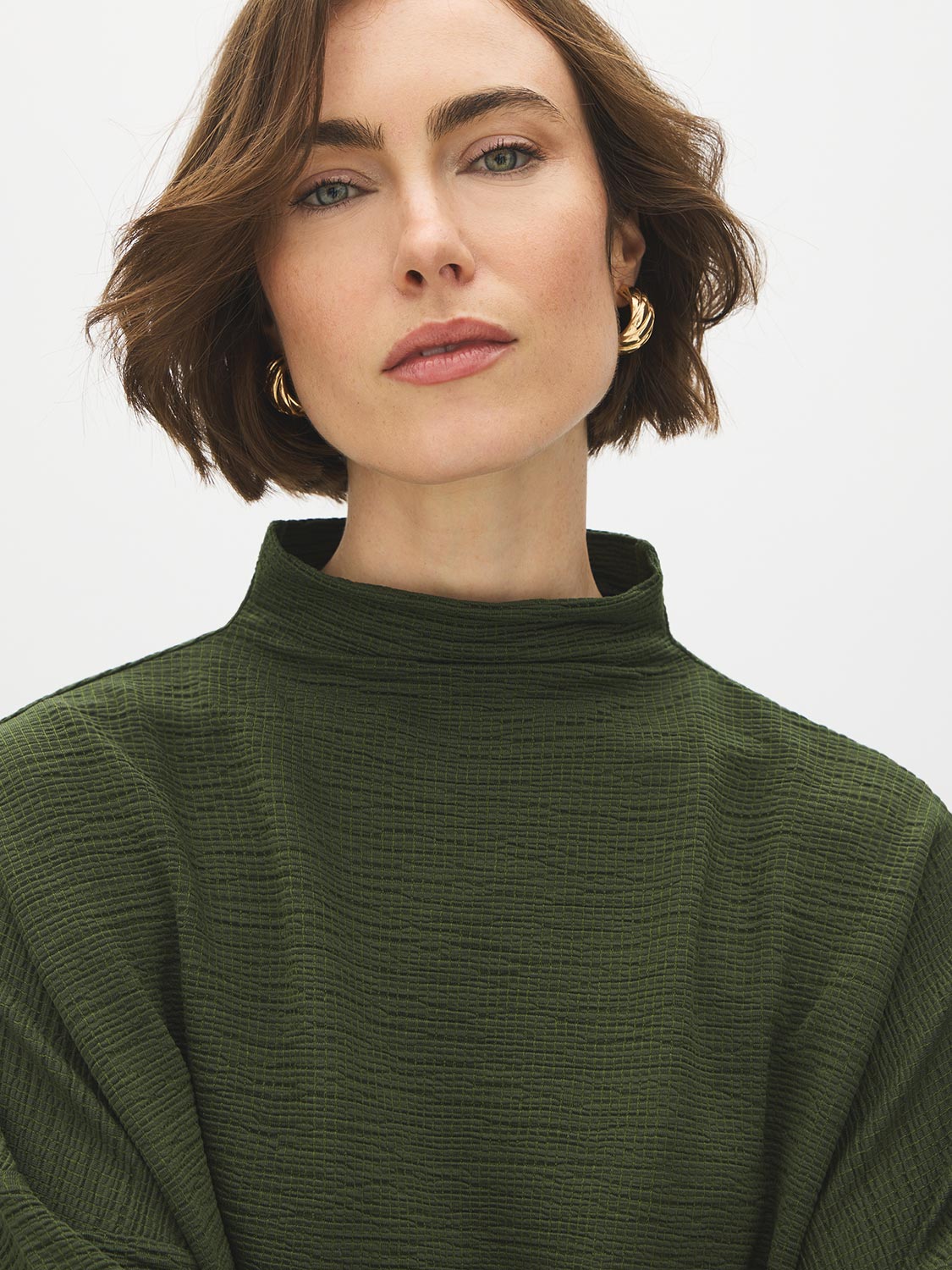 Deep Depths/Chive Textured Funnel Neck Boxy Tee - Close-up Fabric Detail - Suzy Shier