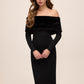 Black Off-Shoulder Knit Crepe Midi Dress with Fur Band - Front View - Le Chateau