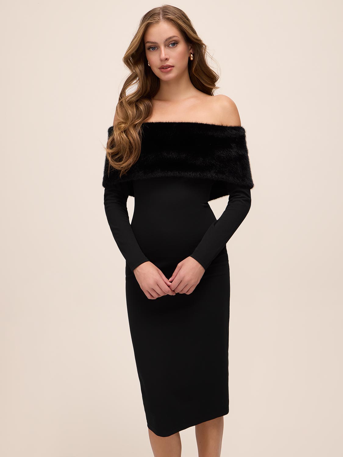 Black Off-Shoulder Knit Crepe Midi Dress with Fur Band - Front View - Le Chateau