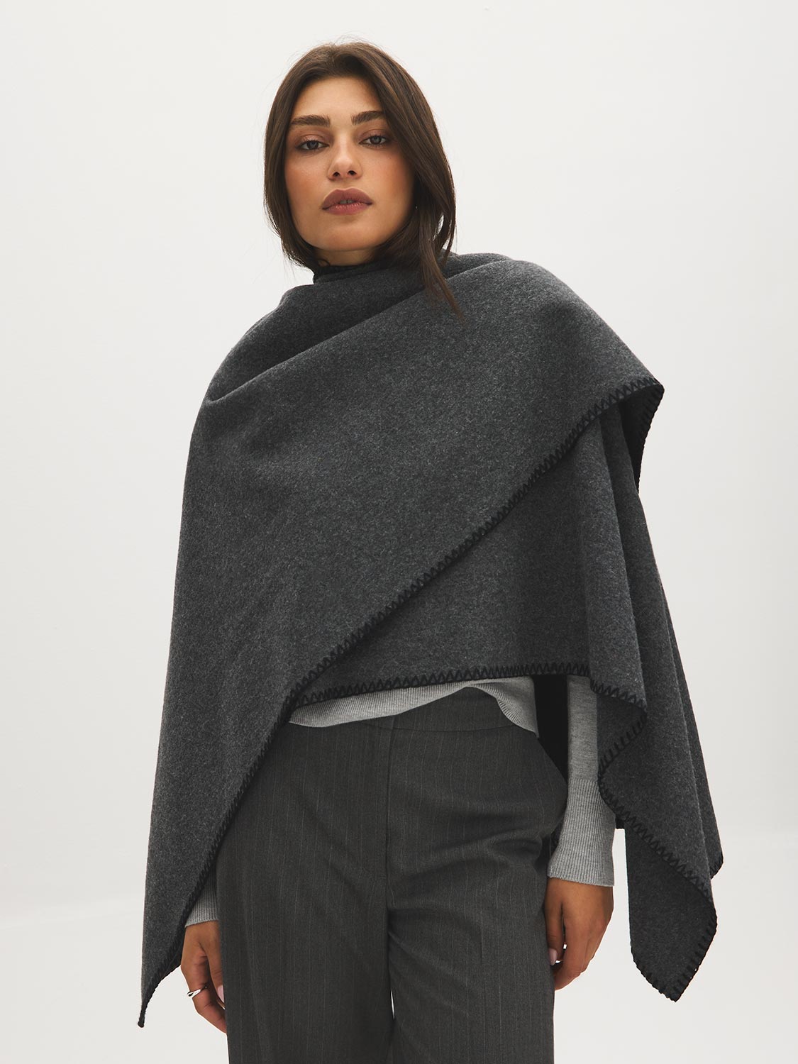 Grey Melange Woven Cape with Contrast Scarf - Side Profile View - Suzy Shier