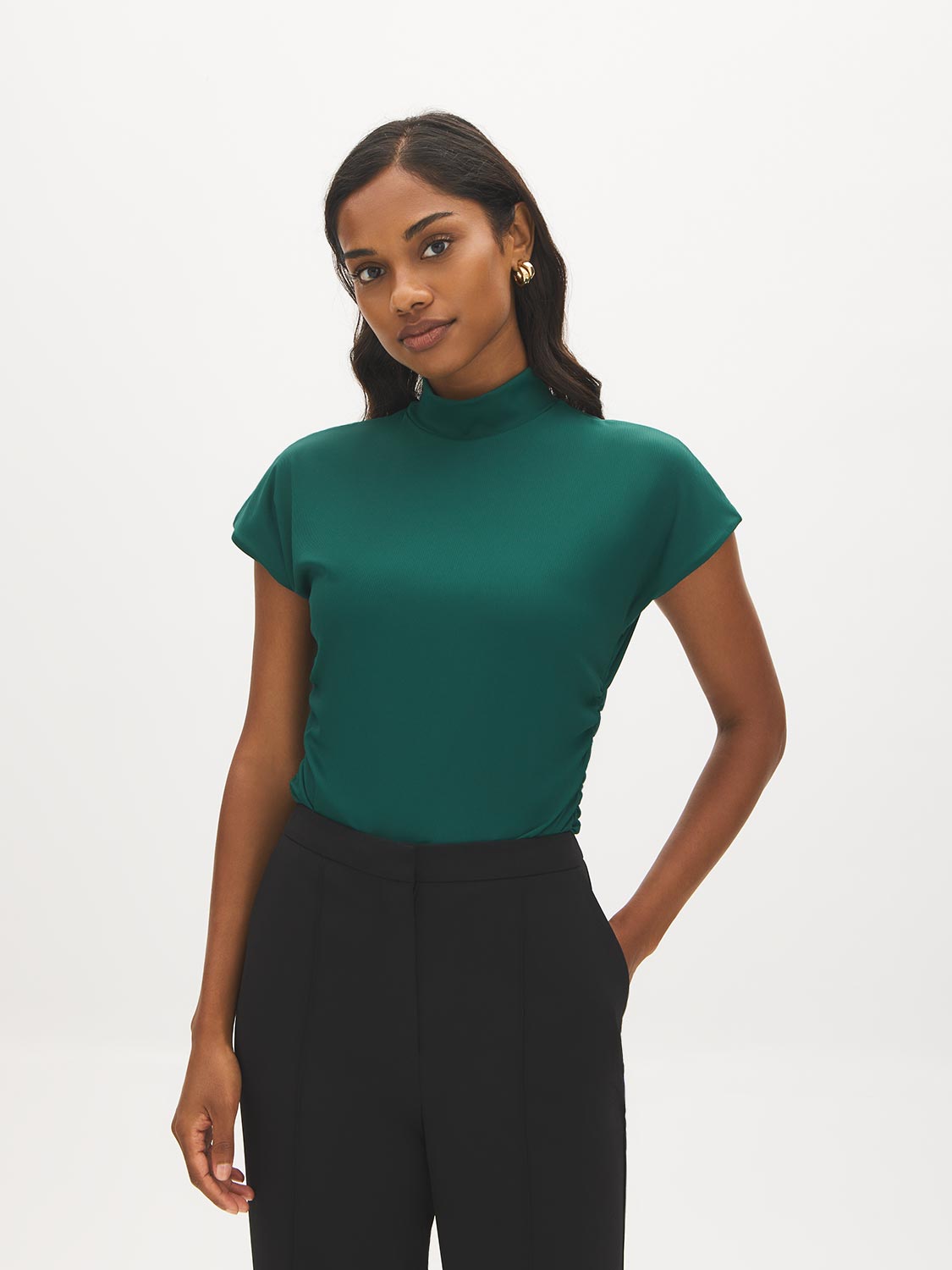 Forest Biome Ribbed Dolman Sleeve Mock Neck Top - Woman Wearing Short Sleeve Knit Top - Suzy Shier