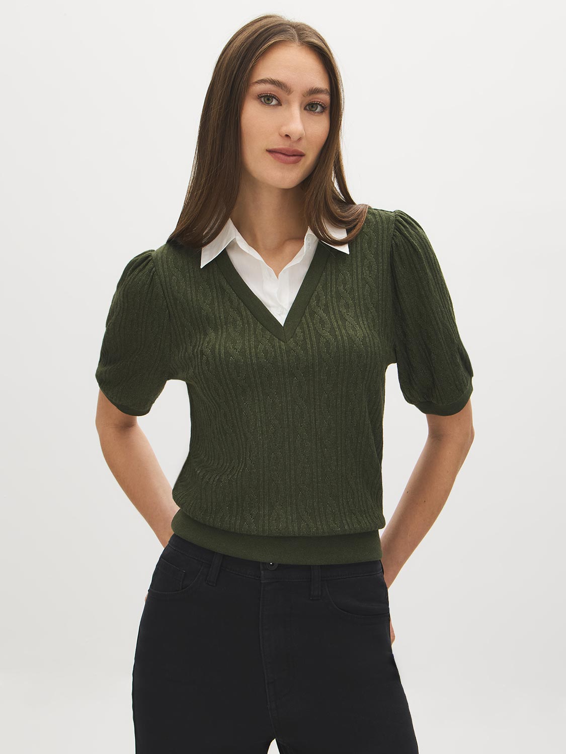 Deep Depths Melange Jacquard Sweater with Poplin Collar - Woman Wearing Short Elbow Puff Sleeve Top - Suzy Shier