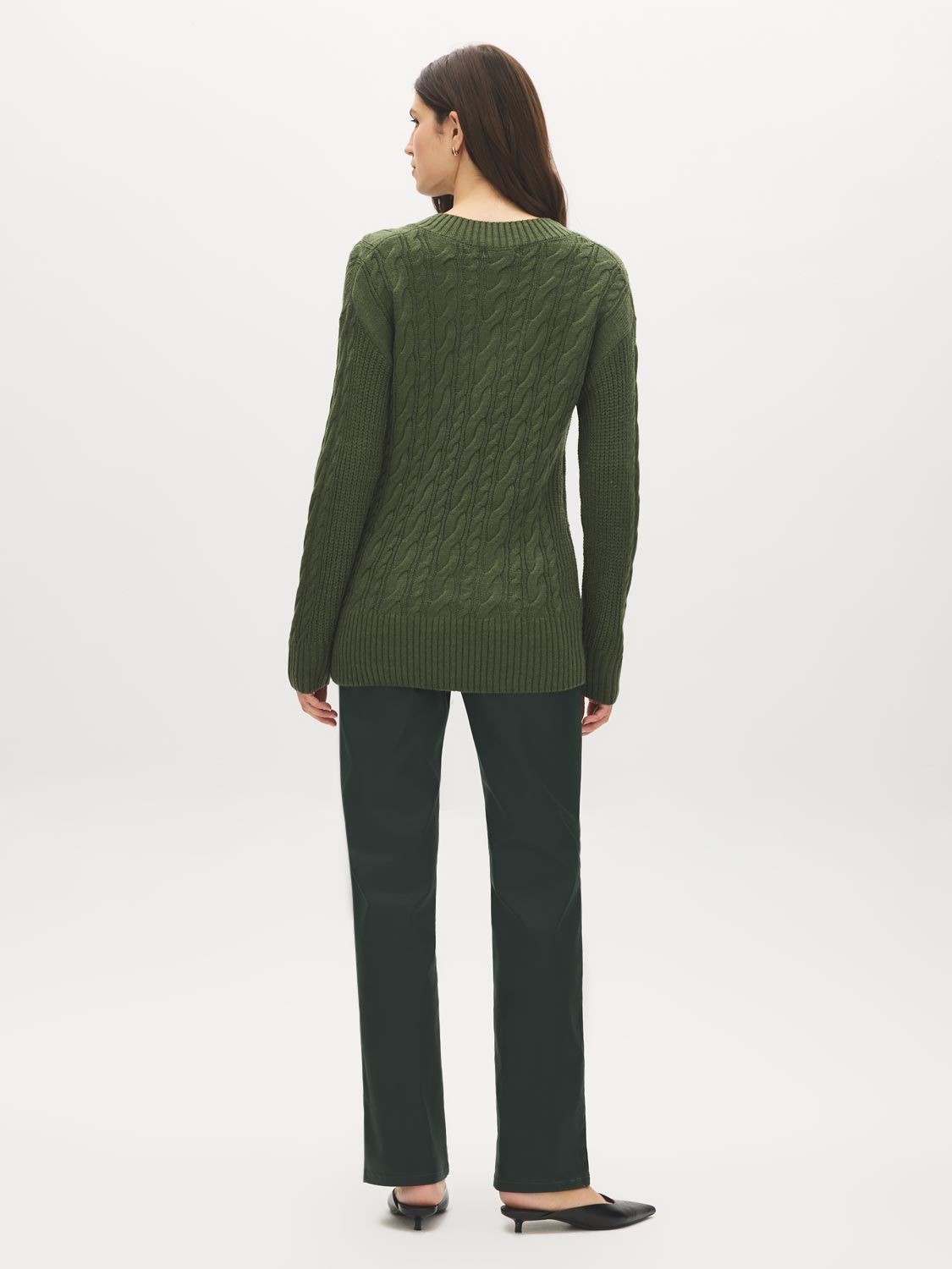 Ivy Melange V-Neck Cable Knit Sweater - Back View - Suzy Shier