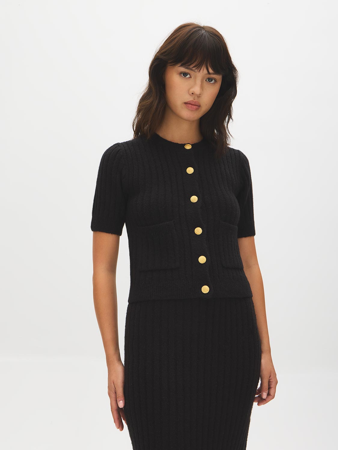 Black Short Sleeve Ribbed Cardigan - Woman Wearing Button Front Sweater - Suzy Shier
