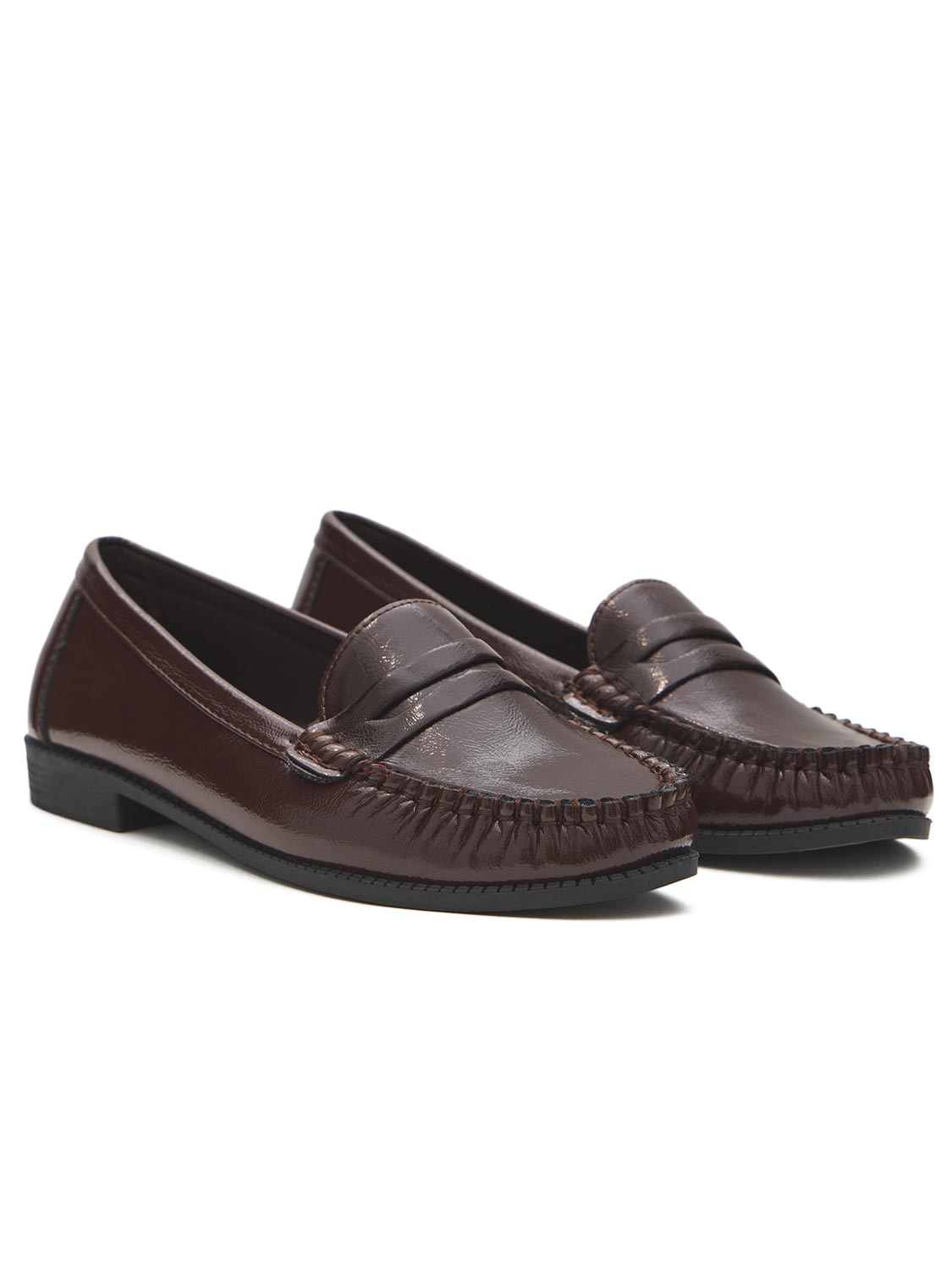 Black Faux Leather Penny Loafer - Angled Pair View - Suzy Shier
