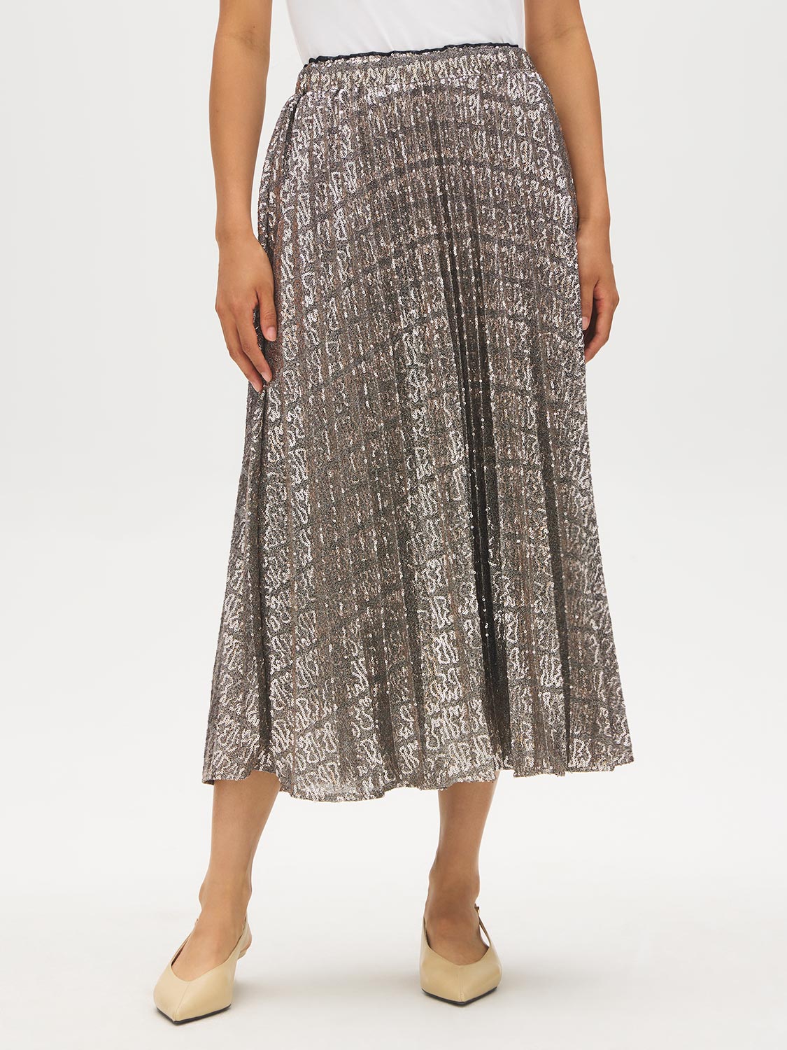Gold and Silver Metallic Pleated Sequin Skirt - Front View - Suzy Shier