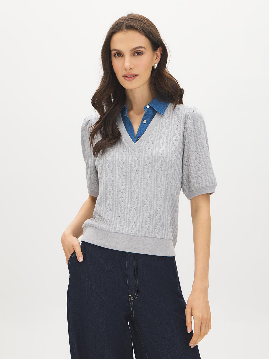 Grey Melange Puff Sleeve Jacquard Sweater - Woman Wearing Knit Top with Denim Collar - Suzy Shier