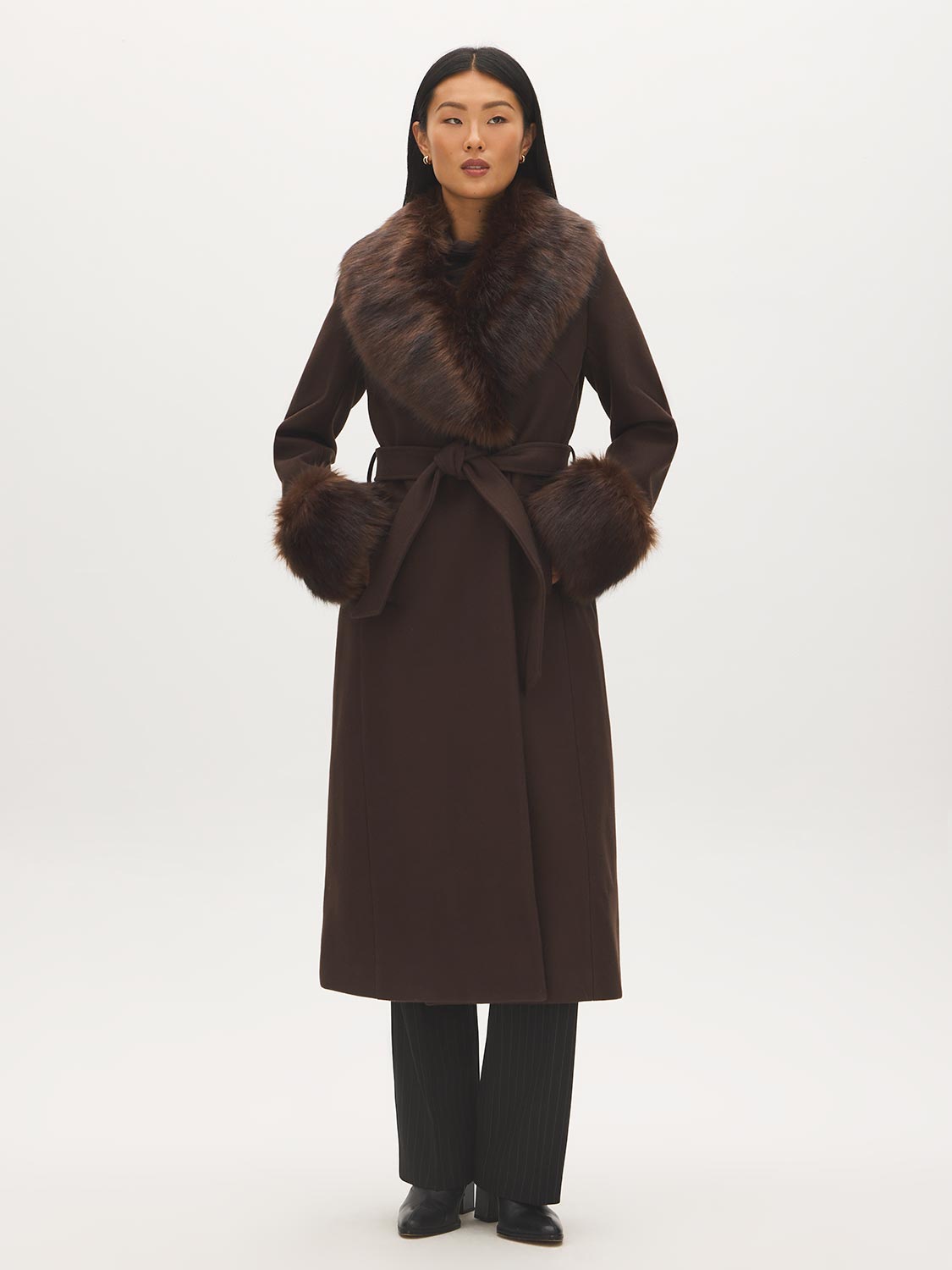 Dark Brown Melange Long Belted Faux Wool Coat - Front View - Suzy Shier