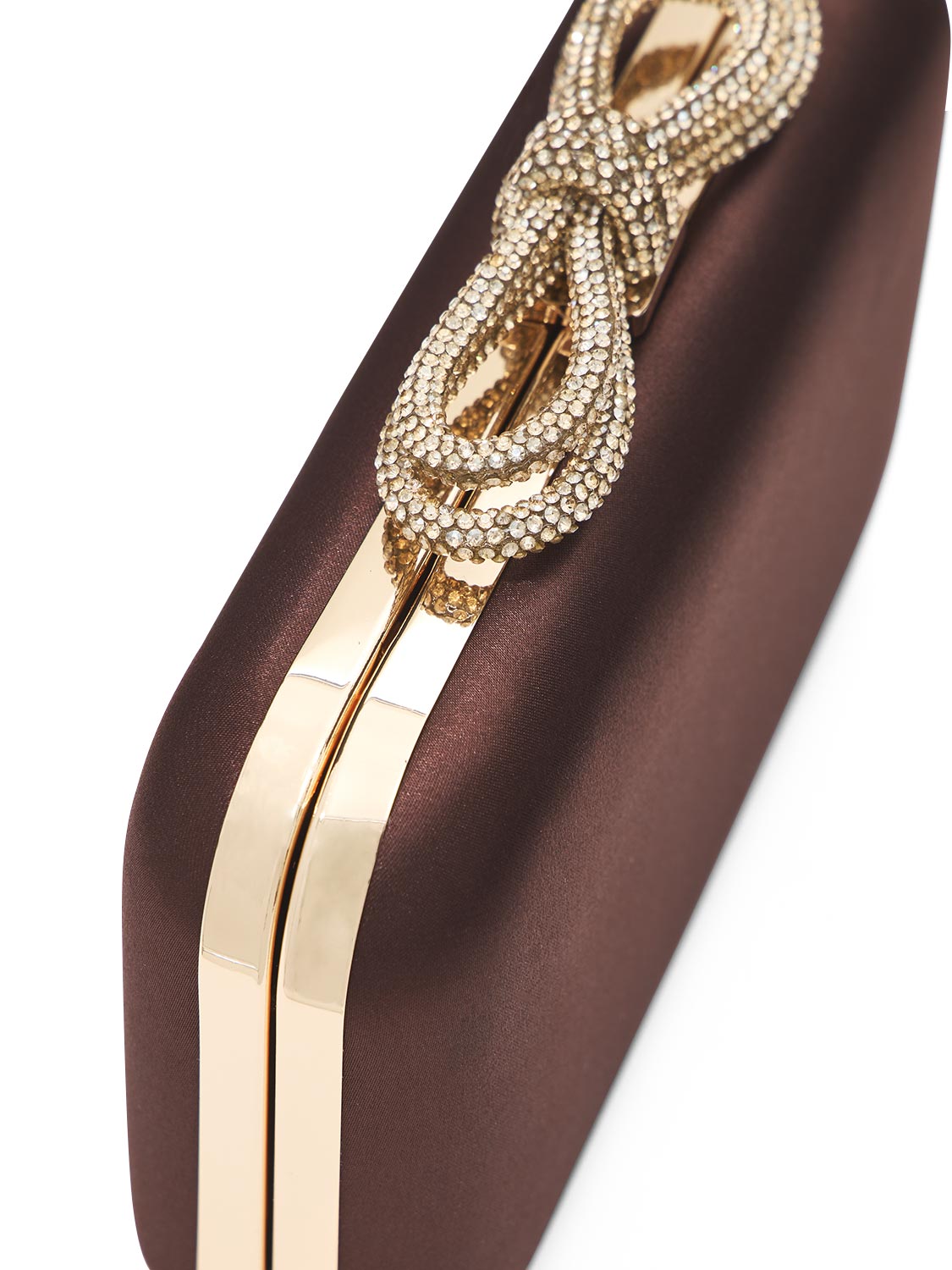 Brown/Gold Woven Satin Minaudire with Jeweled Bow - Jeweled Bow Detail - Le Chateau