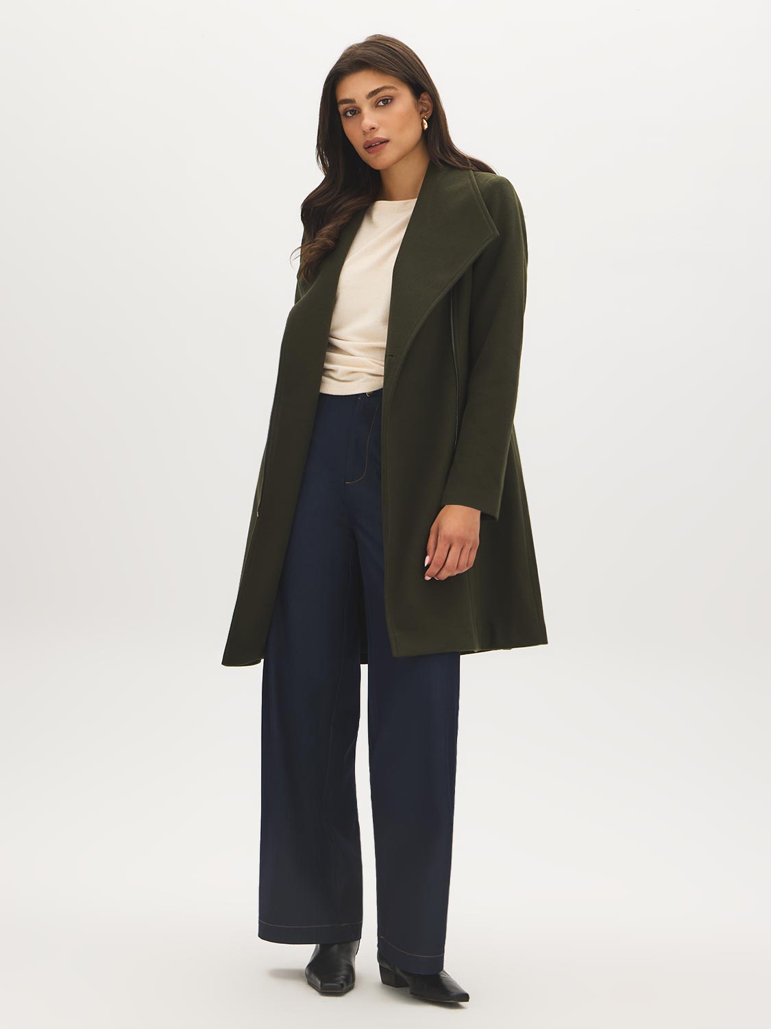 Olive Asymmetrical Zip Front Faux Wool Coat - Open Front View - Suzy Shier