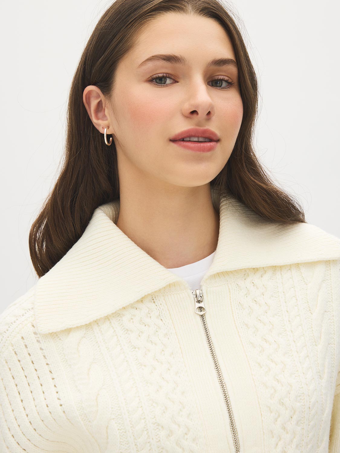 Snow White Quarter-Zip Cable Knit Sweater - Collar Detail - Suzy Shier