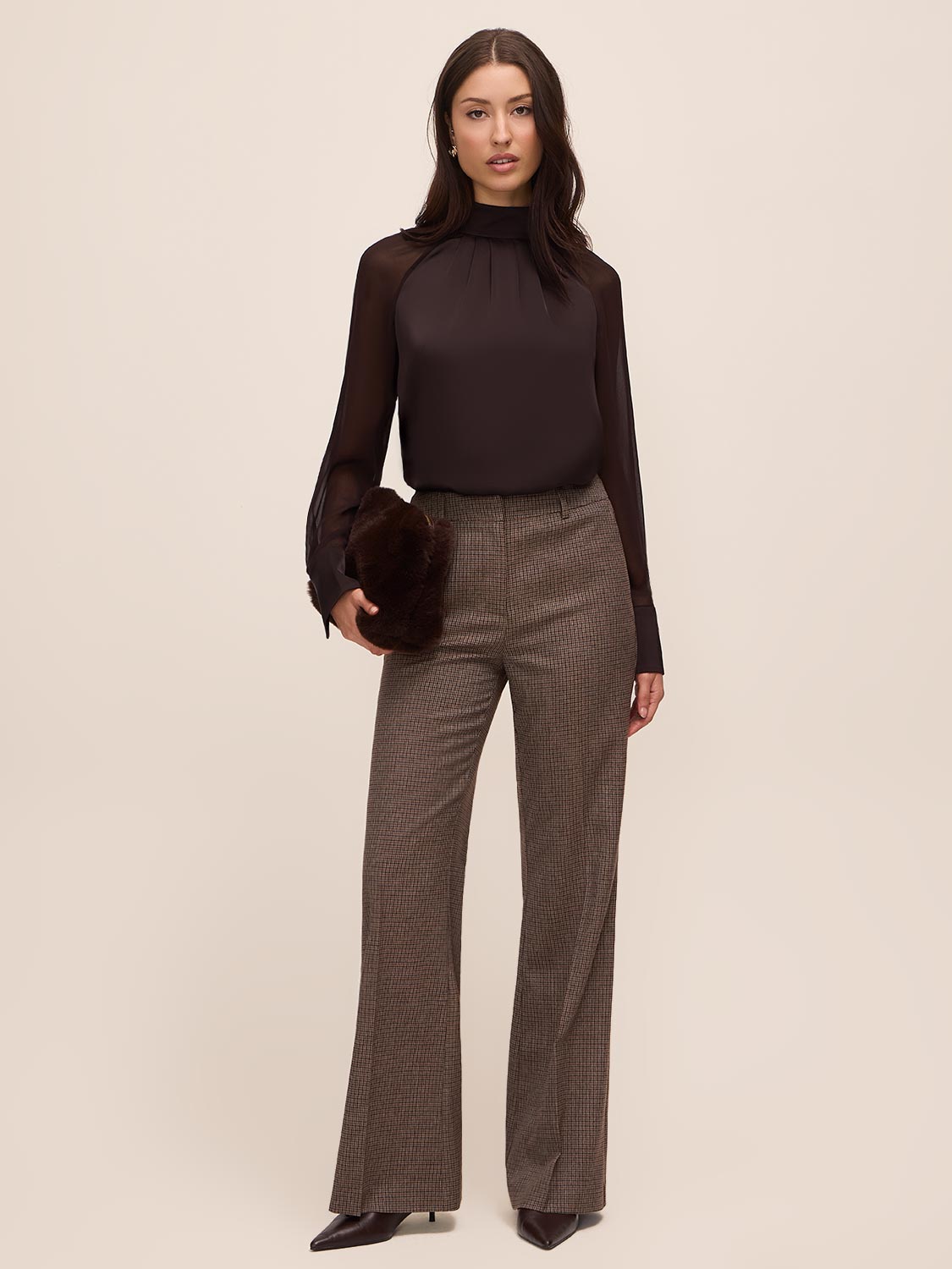 Oatmeal Check Bootcut Trouser Pant - Woman Wearing Tailored Checkered Trousers - Le Chateau