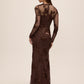 Mocha Soutache Floral Mesh Gown - Back View - Le Chateau