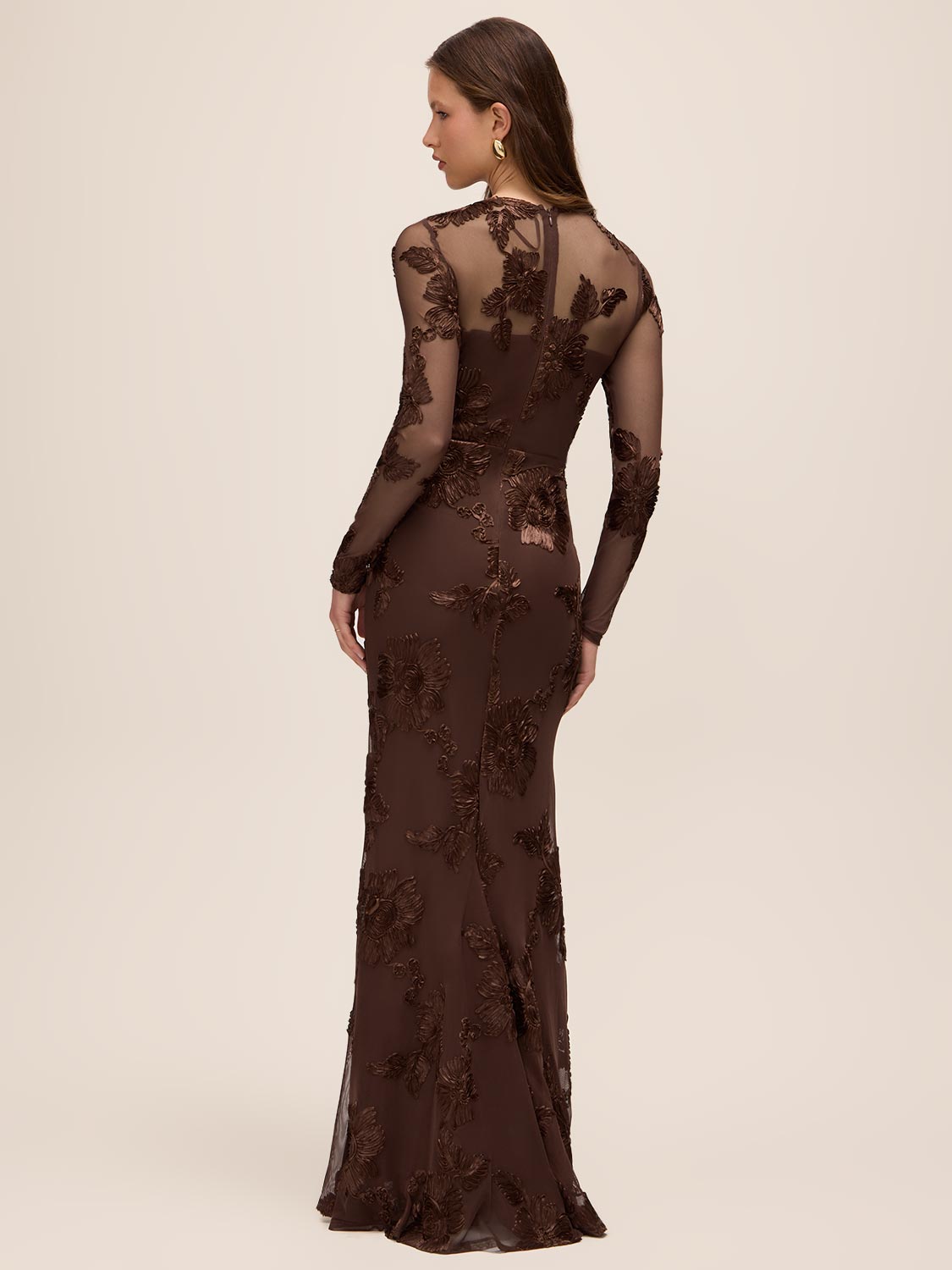 Mocha Soutache Floral Mesh Gown - Back View - Le Chateau