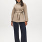 Taupe Melange Faux Wool Short Wrap Coat with Funnel Neck - Full Front View with Belt - Suzy Shier