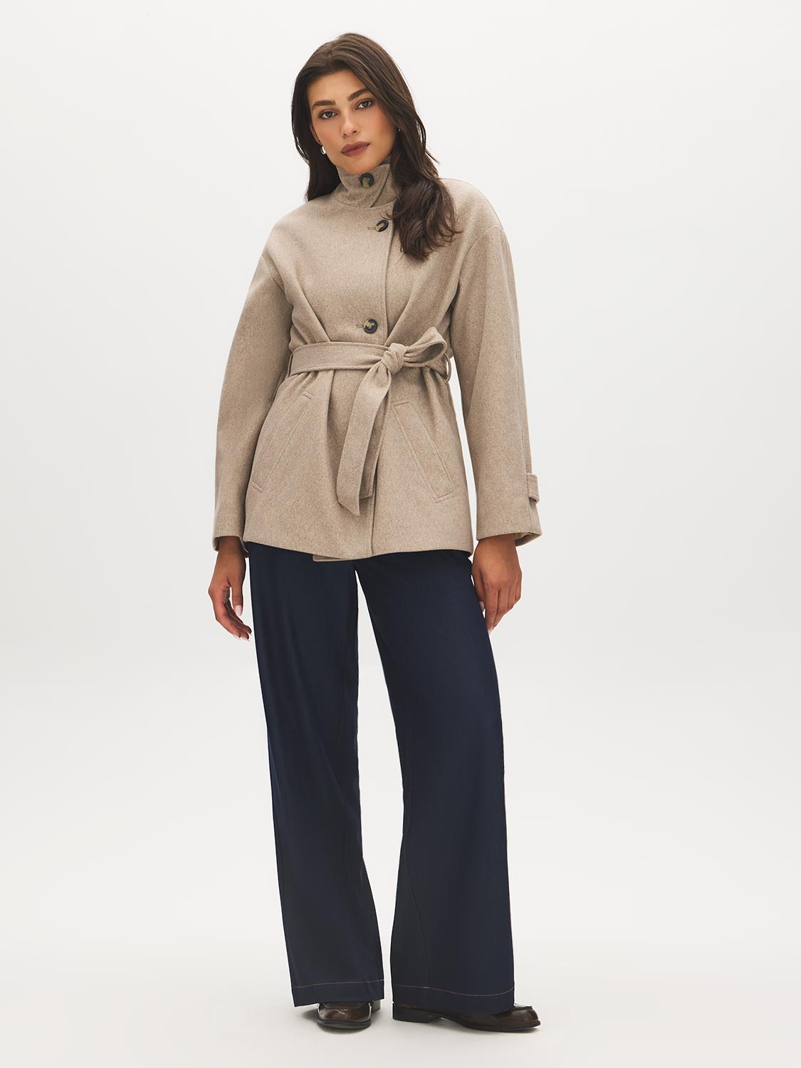 Taupe Melange Faux Wool Short Wrap Coat with Funnel Neck - Full Front View with Belt - Suzy Shier