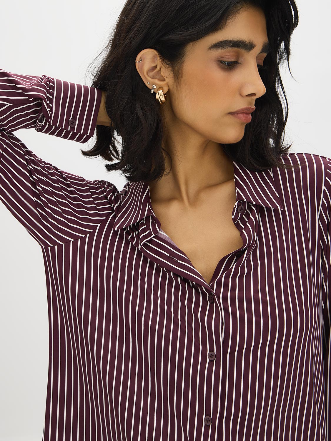 Winetasting Stripe Button-Up Blouse - Front View - Suzy Shier