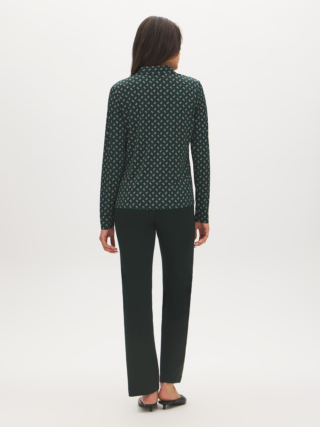 Scarab Printed Button-Up Blouse with Shirt Collar - Back View - Suzy Shier