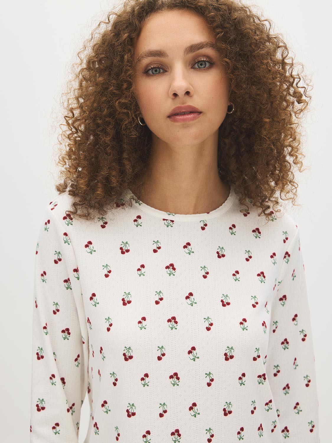 Snow White Cherry Bow Print Knit PJ Set - Close-up Top Detail - Suzy Shier