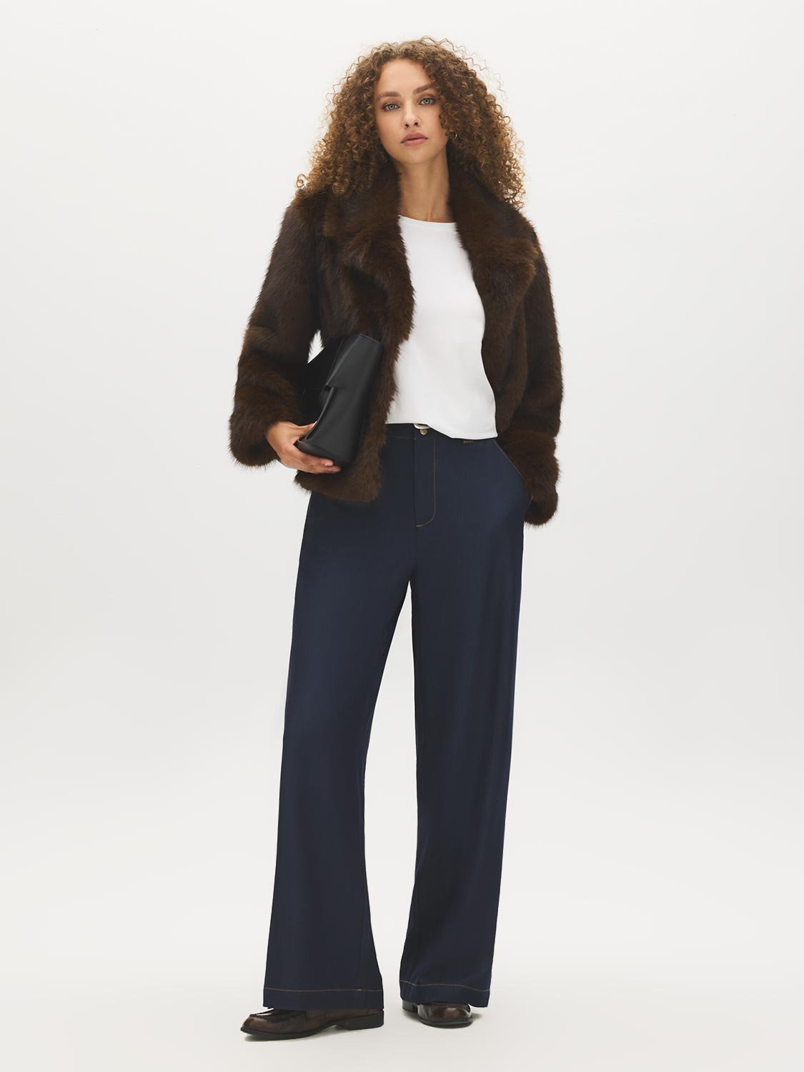 Brown Faux Fur Coat with Leather Detail - Front View - Suzy Shier