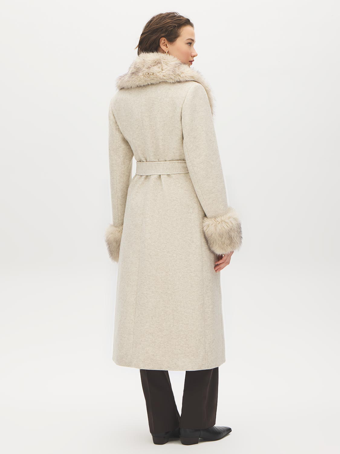 Dark Brown Melange Long Belted Faux Wool Coat - Back View - Suzy Shier