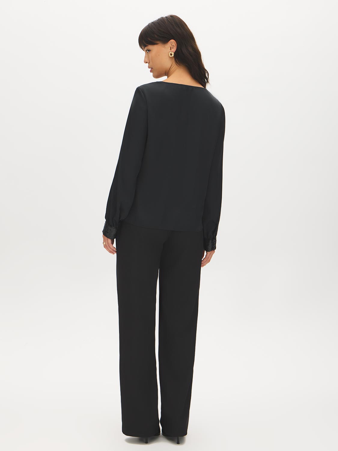 Black Satin Cowl Neck Blouse with Sequined Cuffs - Back View - Suzy Shier