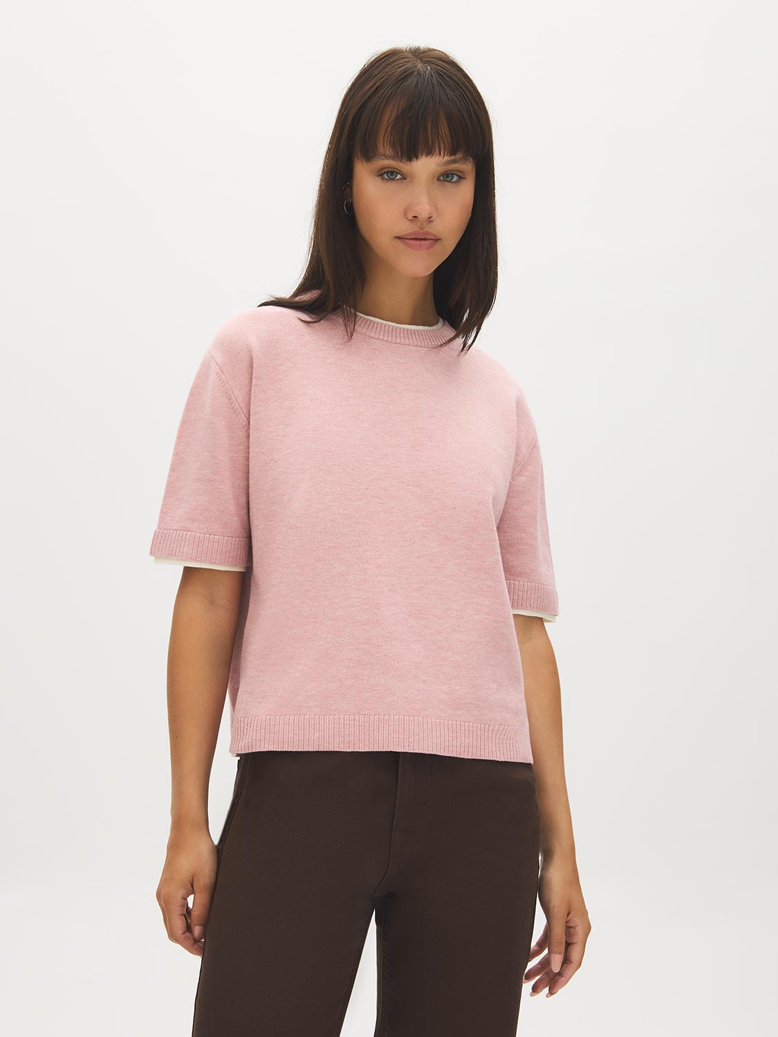 Zephyr/Off White Short Sleeve Double Layer Knit Sweater - Woman Wearing Layered Look Tee - Suzy Shier