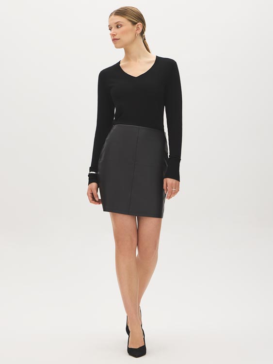 Black Faux Leather Mini Skirt with Back Zipper - Side Profile View - Suzy Shier