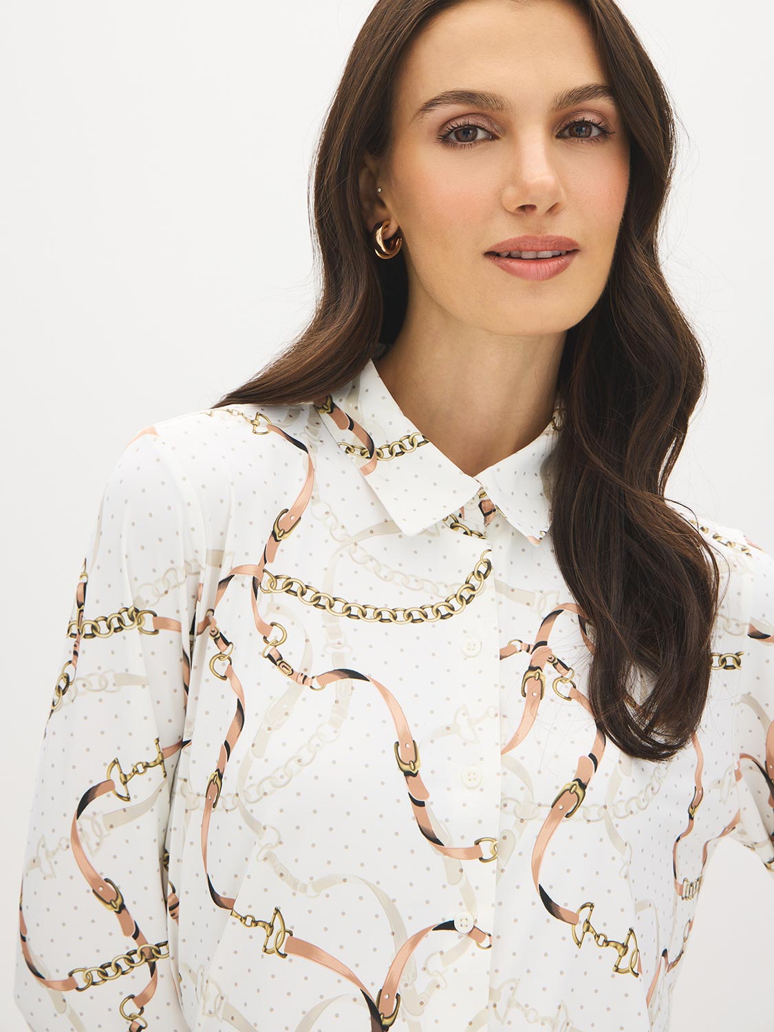 Snow White Button-Up Knit Blouse with Shirt Collar - Close-up Fabric Detail - Suzy Shier