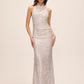 Silver/Champagne Cowl Neck Sequin Gown - Woman Wearing Sleeveless Flared Evening Dress - Le Chateau