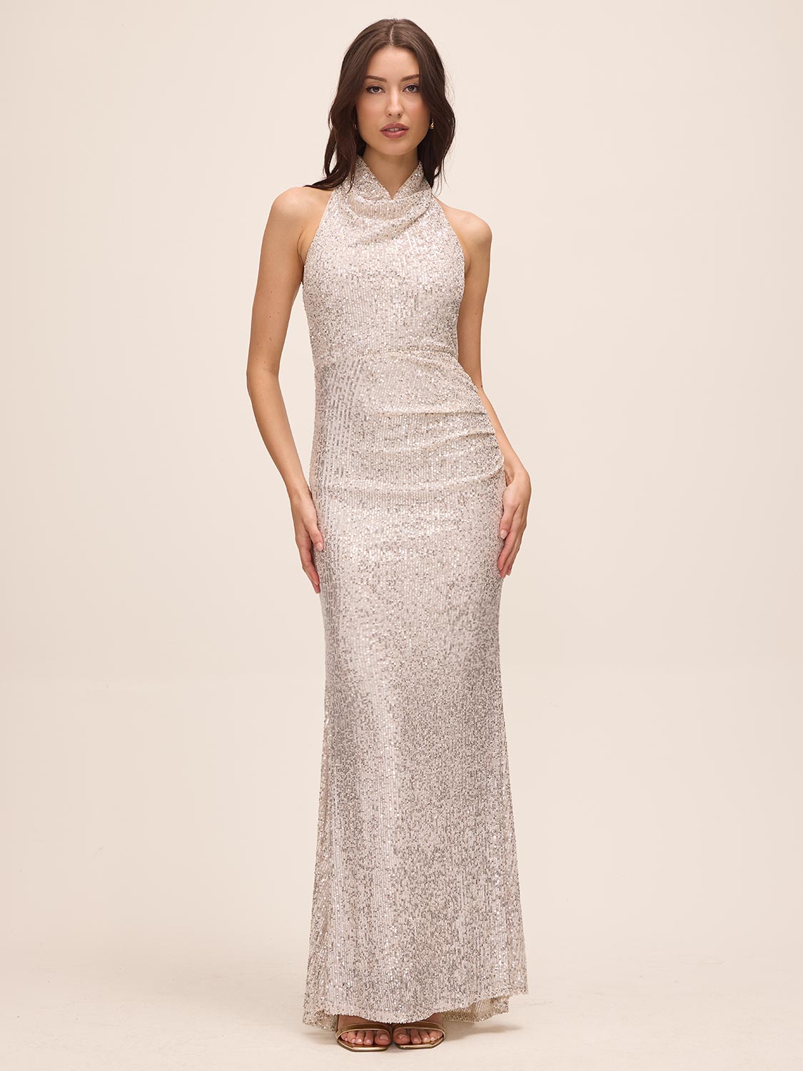 Silver/Champagne Cowl Neck Sequin Gown - Woman Wearing Sleeveless Flared Evening Dress - Le Chateau