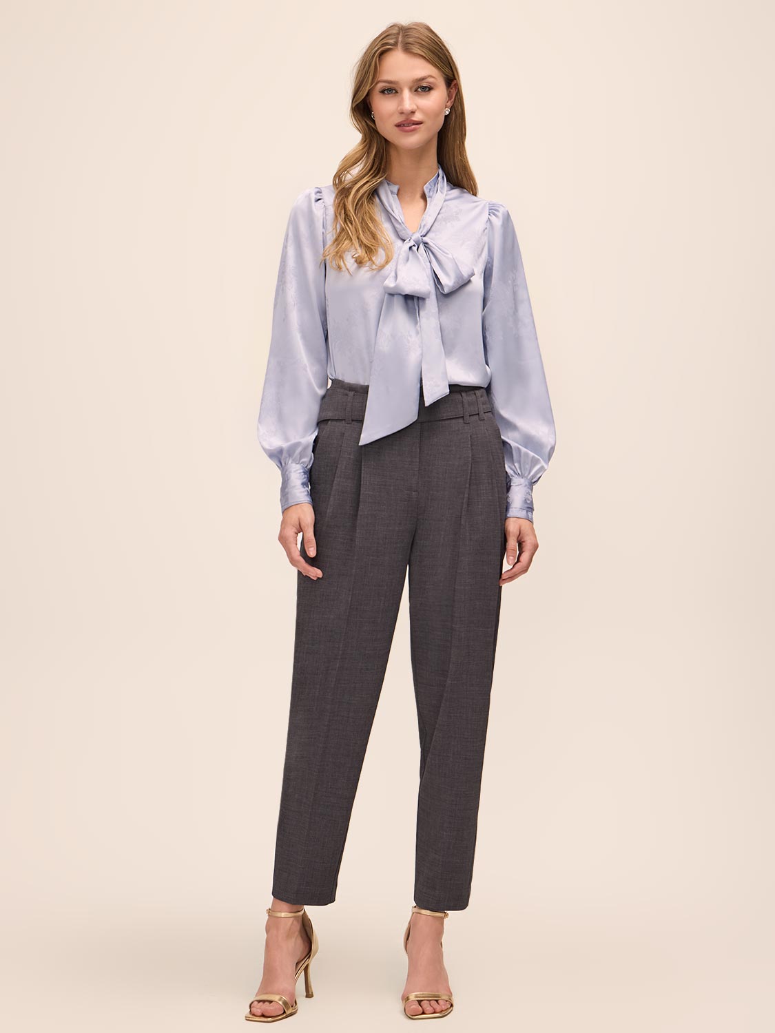 Steel Blue Floral Damask Tie Neck Bow Blouse - Front View - Le Chateau