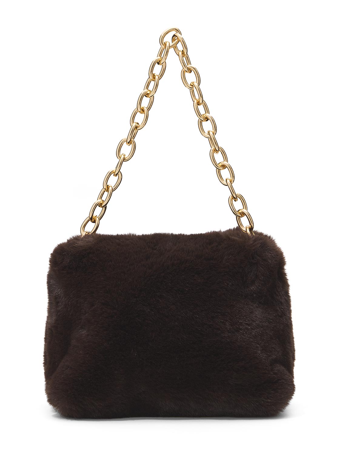 Brown Woven Faux Fur Bag with Gold Chain Handle - Close-up Faux Fur Texture - Le Chateau