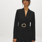 Black Collarless Knit Blazer with Sash Belt - Woman Wearing Tailored Blazer with Gold Buckle - Suzy Shier