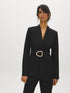 Black Collarless Knit Blazer with Sash Belt - Woman Wearing Tailored Blazer with Gold Buckle - Suzy Shier