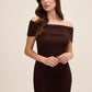 Coco Powder Off-Shoulder Mesh Gown with Shirred Waist - Woman Wearing Elegant Evening Dress - Le Chateau
