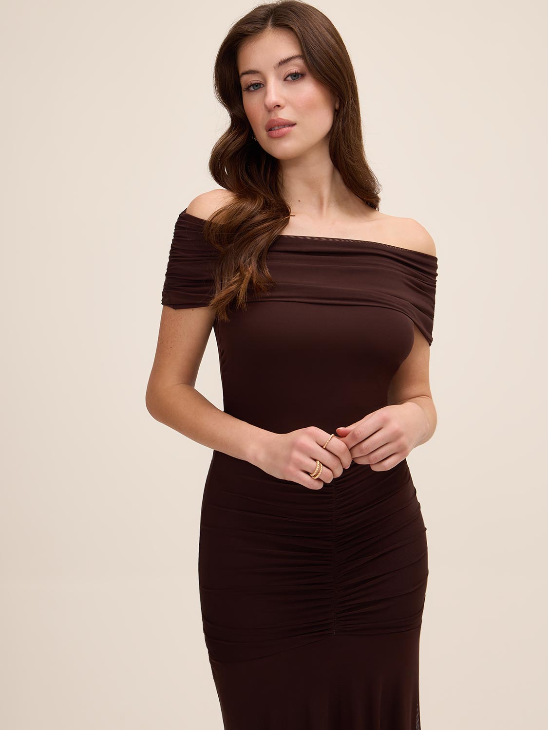 Coco Powder Off-Shoulder Mesh Gown with Shirred Waist - Woman Wearing Elegant Evening Dress - Le Chateau
