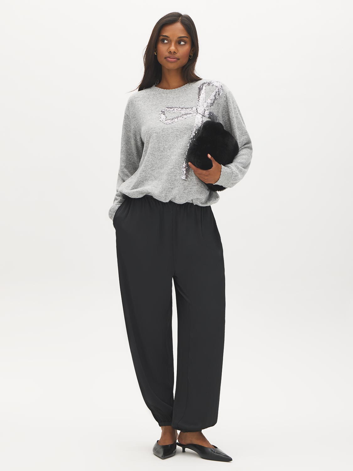Grey Melange Crew Neck Hacci Top with Sequin Bow - Front View - Suzy Shier