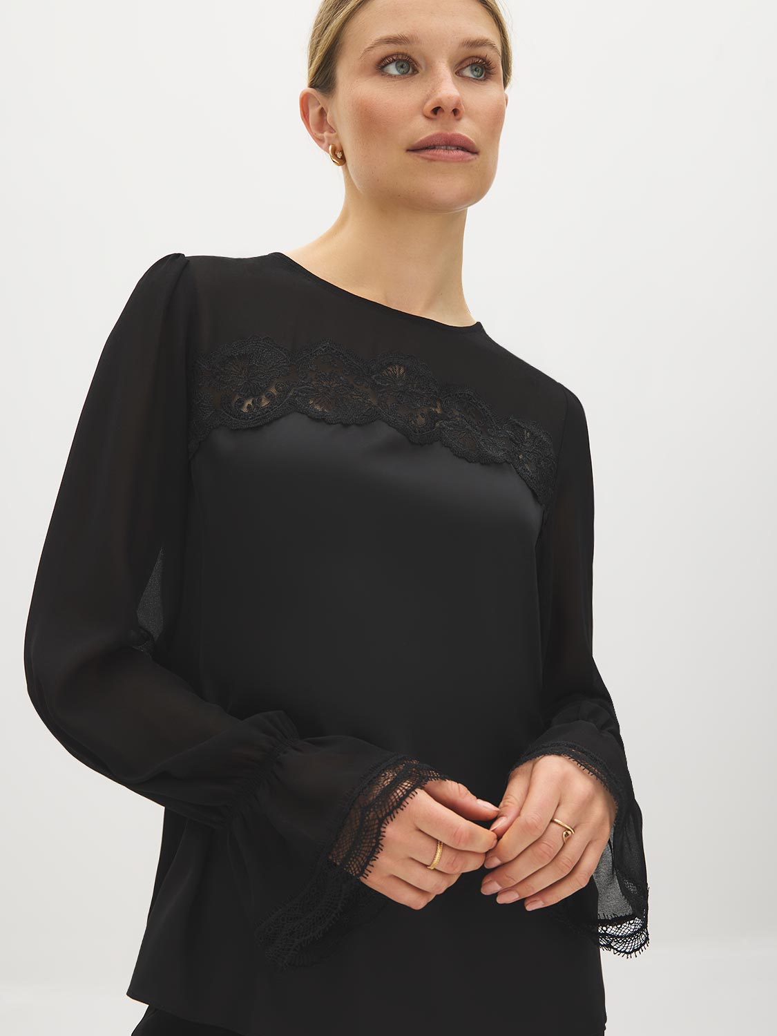 Black Lace Detail Chiffon and Satin-Like Blouse - Sleeve Detail - Suzy Shier