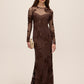 Mocha Soutache Floral Mesh Gown - Front View - Le Chateau